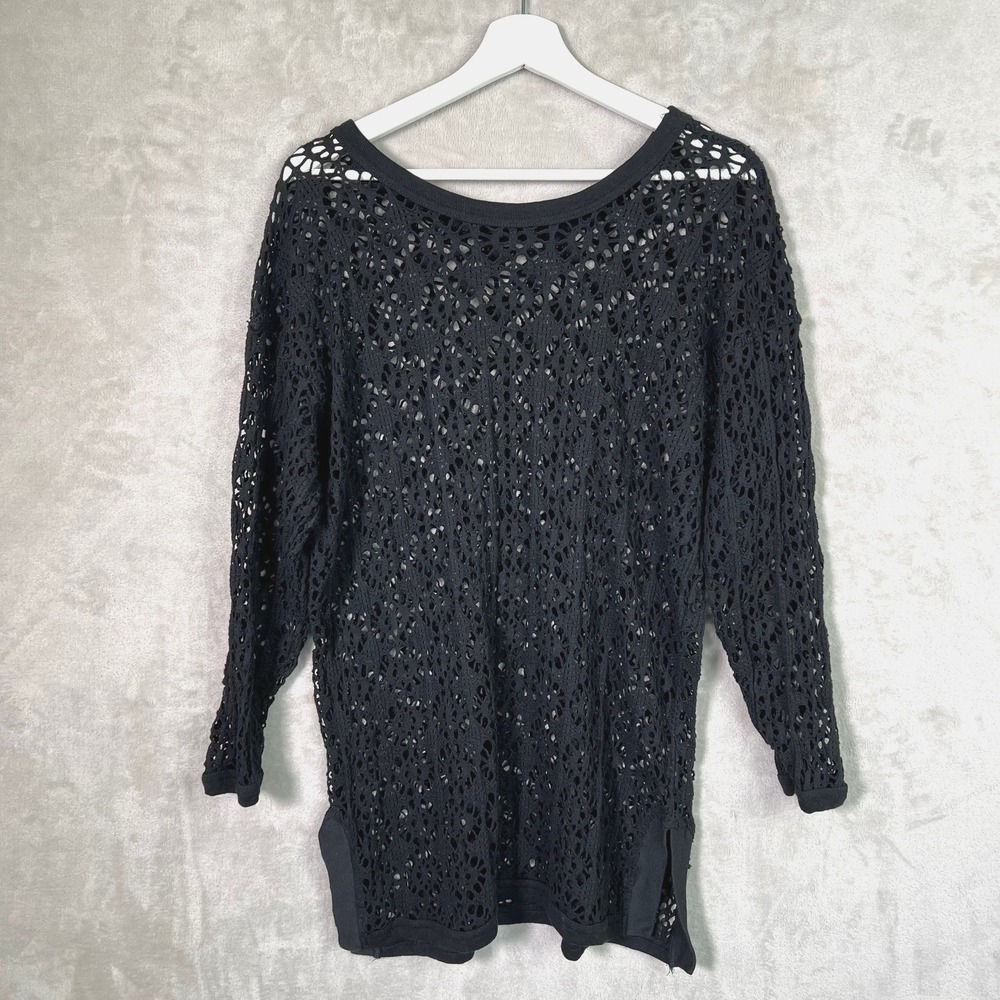 Black Crochet Lace Sheer Tunic Top Long Slv L Boho Goth Festival Layer Cover Up - Picture 2 of 4